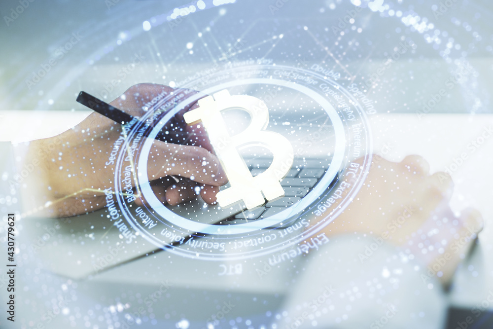 Poster double exposure of creative bitcoin symbol hologram with hand writing in notepad on background with 