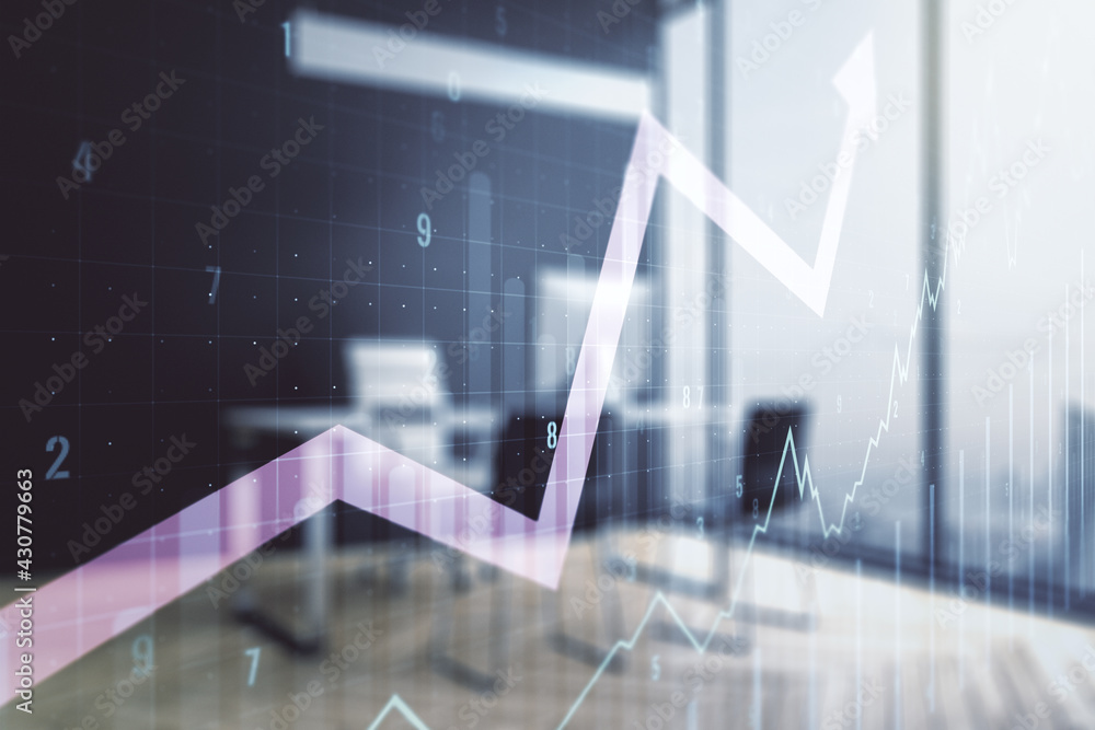 Poster double exposure of abstract creative financial chart with upward arrow and modern desktop with lapto