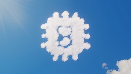 3d rendering of white clouds in shape of symbol of bitcoin chip on blue sky with sun
