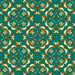 Seamless gold pattern with scrolls on green background