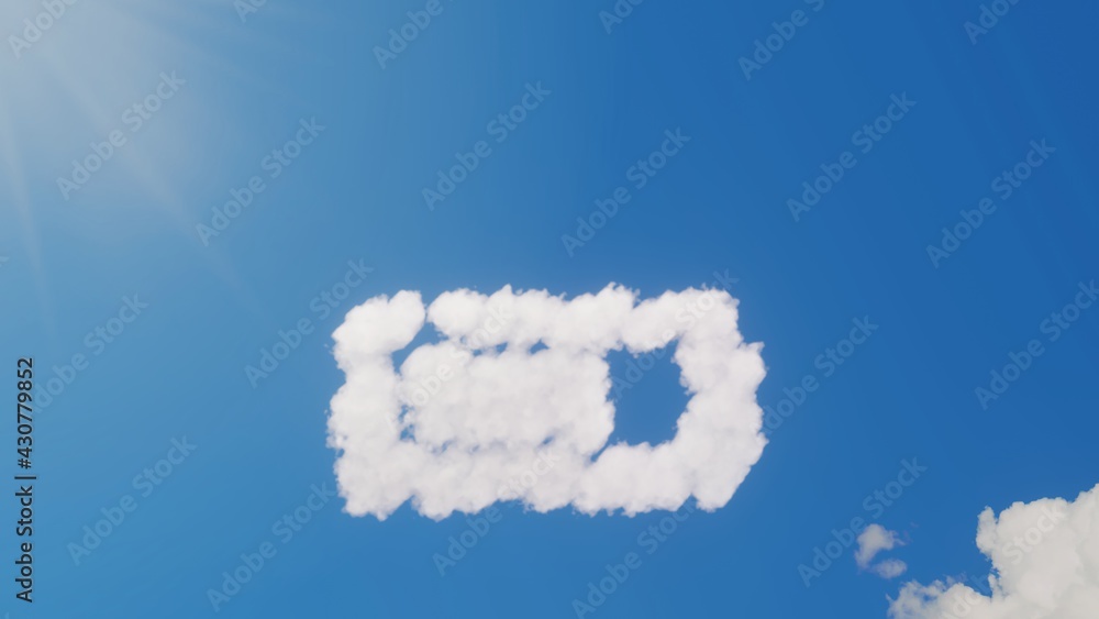 Poster 3d rendering of white clouds in shape of horizontal symbol of battery three quarters on blue sky wit