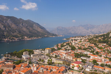 View of the city of Kotor from a high point on a sunny summer day. Montenegro 