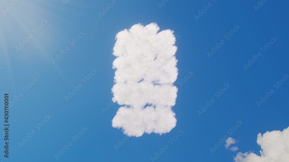 Poster 3d rendering of white clouds in shape of vertical symbol of full battery on blue sky with sun