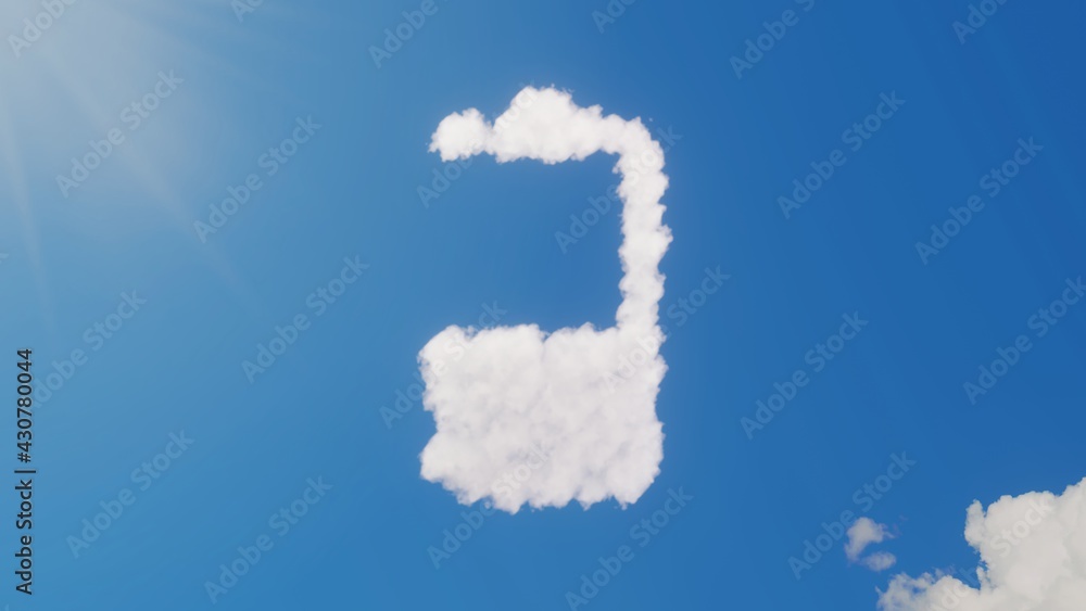 Poster 3d rendering of white clouds in shape of vertical symbol of half charged battery on blue sky with su