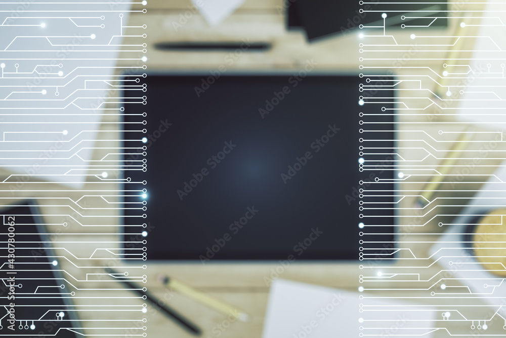 Poster creative concept of microscheme illustration and modern digital tablet on background, top view. big 