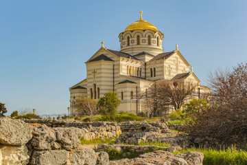 Chersonesus Cathedral, Sevastopol Crimea . The Saint Vladimir Cathedral, exterior details on a sunny day.