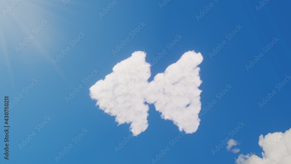 Poster 3d rendering of white clouds in shape of symbol of backward on blue sky with sun