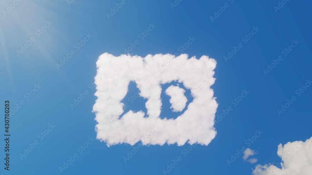 Poster 3d rendering of white clouds in shape of symbol of audio description on blue sky with sun