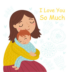 Mom hugs her baby. Illustration about maternal and child love 