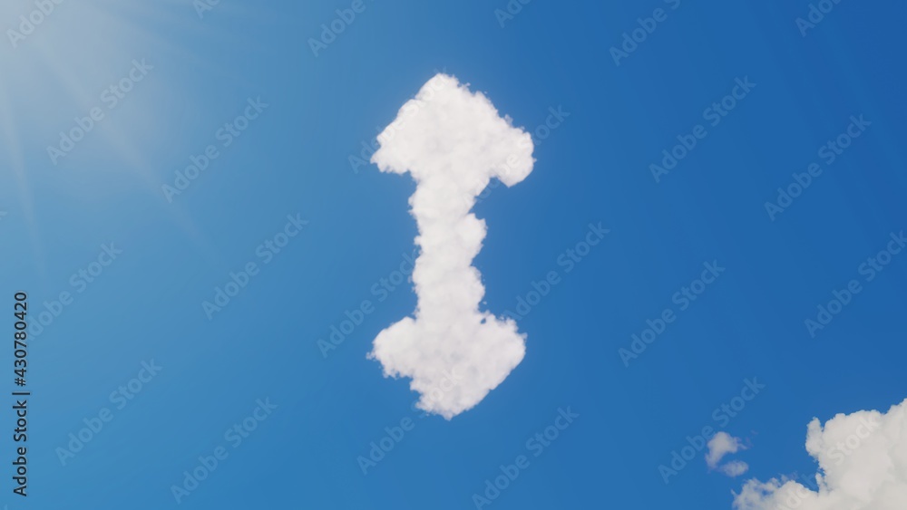 Poster 3d rendering of white clouds in shape of symbol of double vertical arrow on blue sky with sun