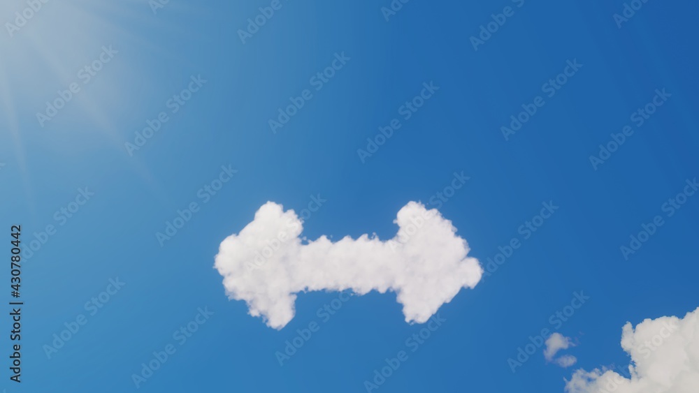 Poster 3d rendering of white clouds in shape of symbol of double horizontal arrow on blue sky with sun