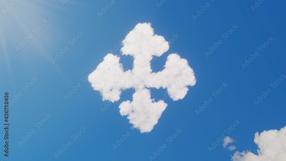Poster 3d rendering of white clouds in shape of symbol of four direction arrows on blue sky with sun