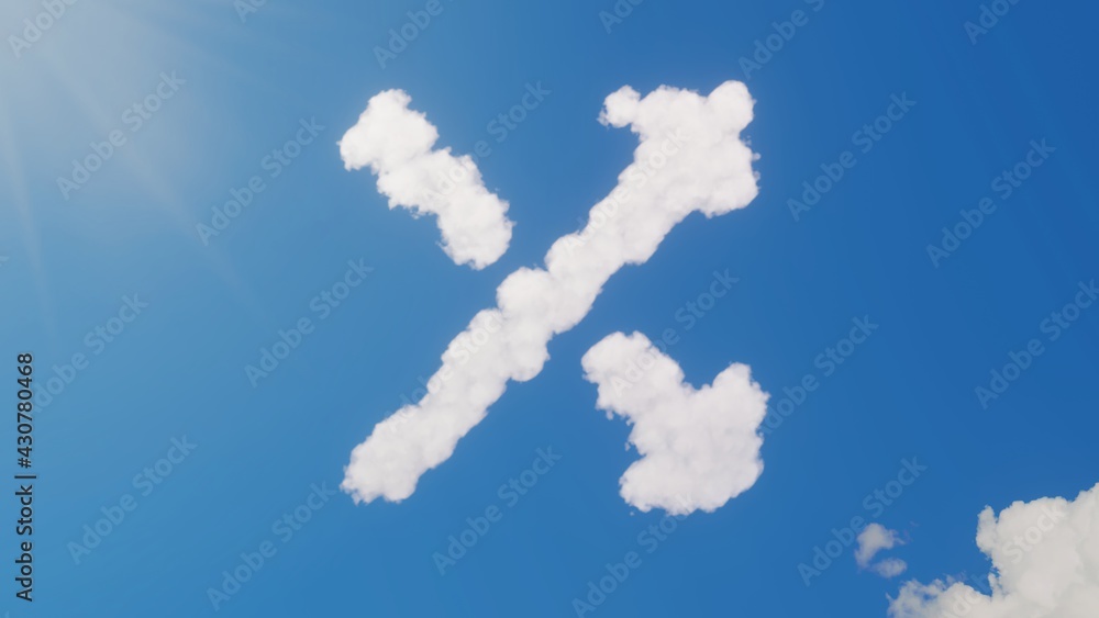 Poster 3d rendering of white clouds in shape of symbol of diagonal arrows on blue sky with sun