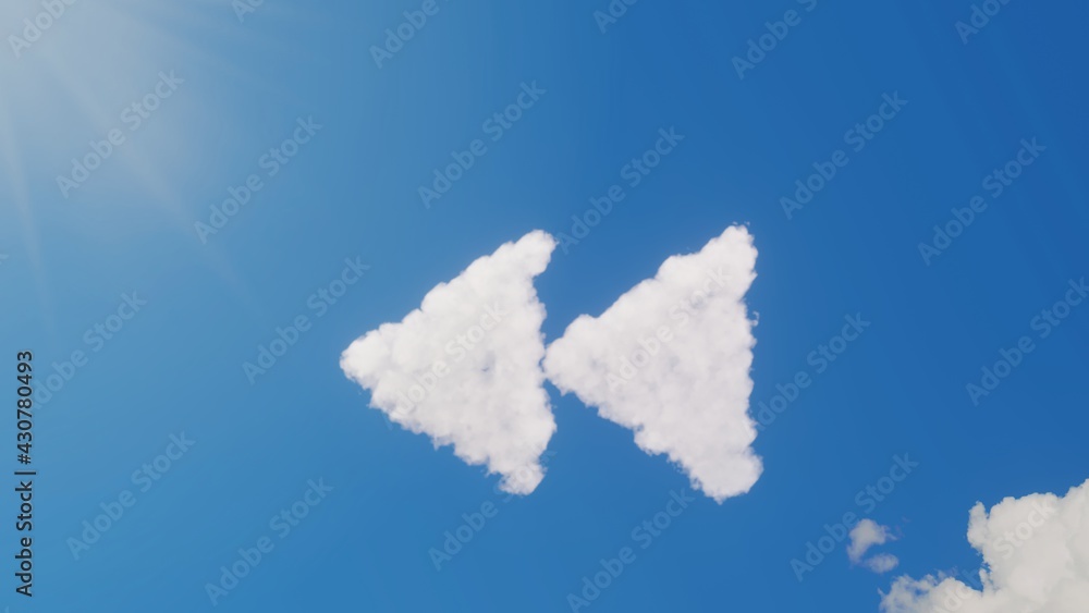 Poster 3d rendering of white clouds in shape of symbol of double left arrows on blue sky with sun