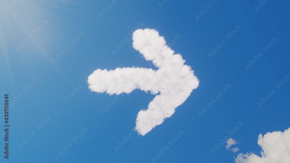 Poster 3d rendering of white clouds in shape of symbol of arrow right on blue sky with sun