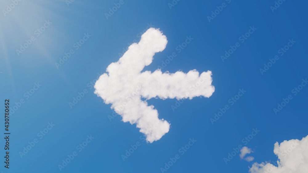 Poster 3d rendering of white clouds in shape of symbol of arrow left on blue sky with sun