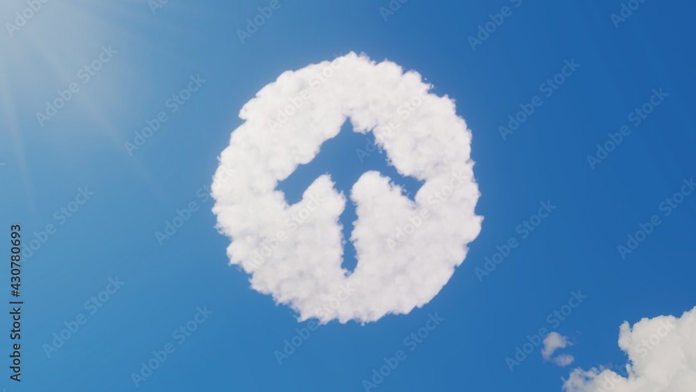 Poster 3d rendering of white clouds in shape of symbol of up arrow in circle on blue sky with sun
