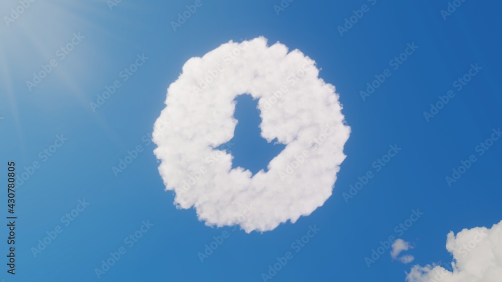 Poster 3d rendering of white clouds in shape of symbol of down arrow in circle on blue sky with sun
