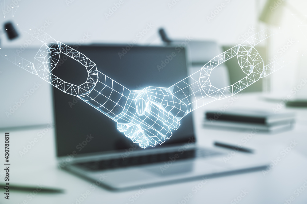 Poster creative abstract block chain technology hologram with handshake on modern computer background, cryp
