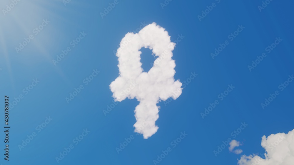 Poster 3d rendering of white clouds in shape of symbol of ankh on blue sky with sun