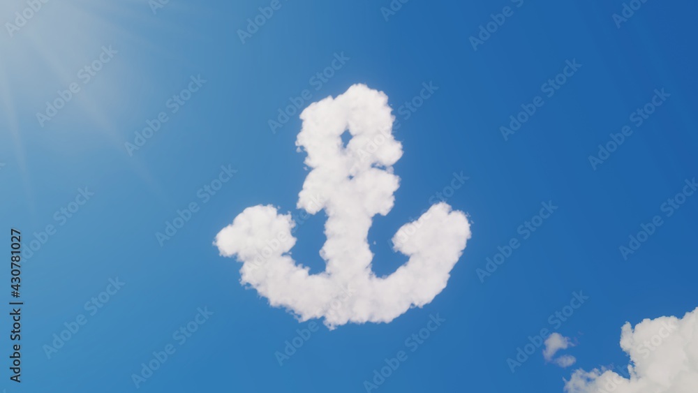 Poster 3d rendering of white clouds in shape of symbol of anchor on blue sky with sun