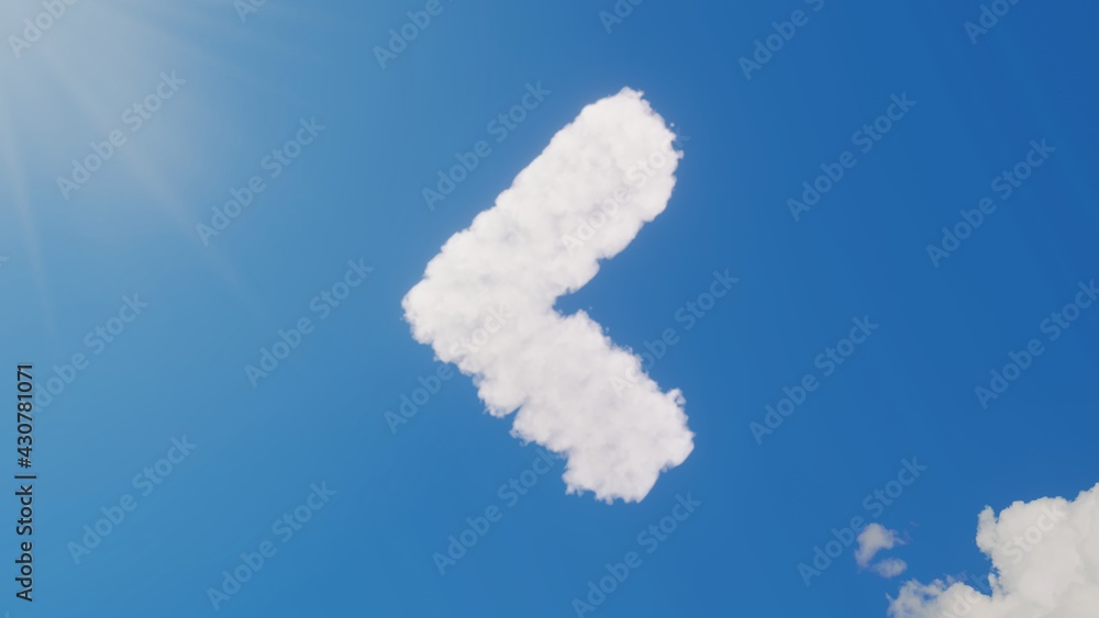 Poster 3d rendering of white clouds in shape of symbol of angle left on blue sky with sun