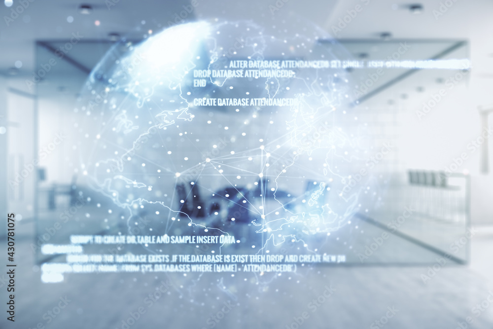 Poster multi exposure of abstract programming language hologram and world map on a modern furnished office 
