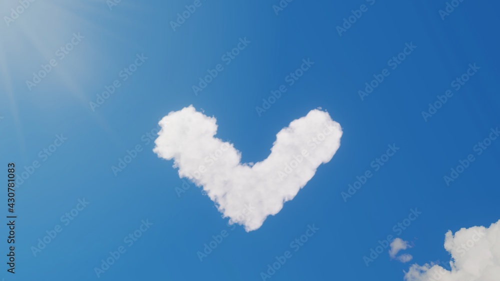 Poster 3d rendering of white clouds in shape of symbol of angle down on blue sky with sun