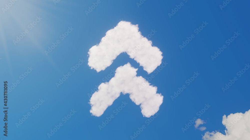 Poster 3d rendering of white clouds in shape of symbol of angle double up on blue sky with sun