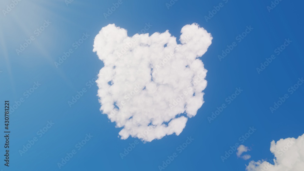 Poster 3d rendering of white clouds in shape of symbol of alarm clock on blue sky with sun