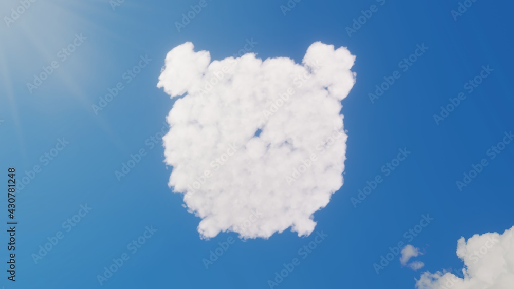 Poster 3d rendering of white clouds in shape of symbol of alarm clock on blue sky with sun