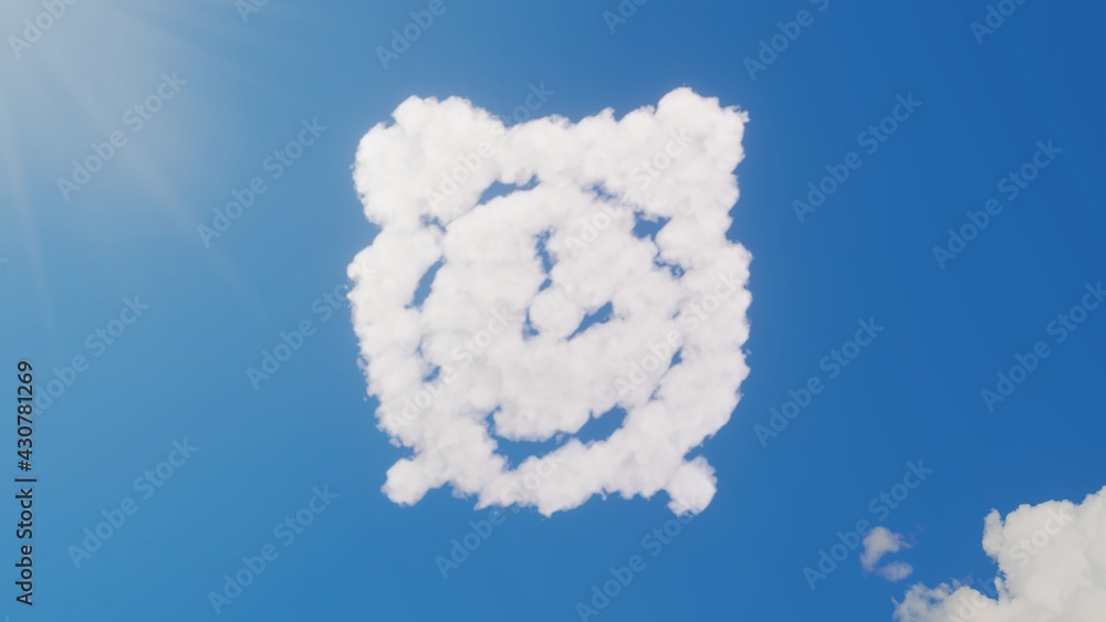 Poster 3d rendering of white clouds in shape of symbol of alarm clock on blue sky with sun