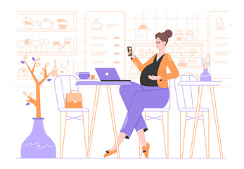 Pregnant girl works at a laptop in a coffeehouse. Online video meeting from a smartphone. Independent mother-to-be, manager, freelancer. Distant work. Vector flat illustration.