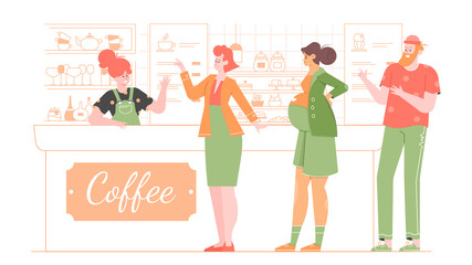 Obraz premium Queue of people in the coffee shop. Businesswoman, man and pregnant woman. Lunch break. A cute barista girl welcomes the guests of the cafe. Vector flat illustration.