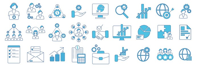Fototapeta na wymiar Business teamwork, team building, workgroup, minimal set of fine line web icons. Collection of contour icons. Flat simple vector illustration
