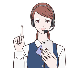 携帯電話を持ち、人差し指を立てるオペレーターの女性