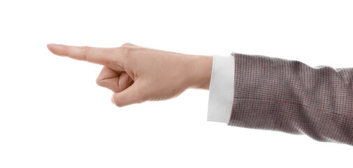Woman pointing with index finger on white background, closeup. Responsibility concept