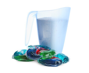 Color laundry capsules and detergent powder on white background