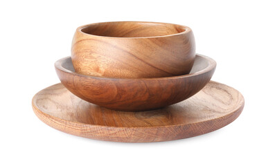 Empty clean wooden dishware isolated on white