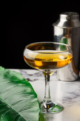 Close-up of whiskey glass, green leaf, shaker on white marble table, selective focus, black background, vertical, with copy space