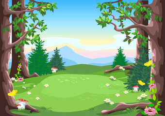 Vector fairy tale landscape of a forest glade with trees, blooming flowers and yellow butterflies in cartoon style