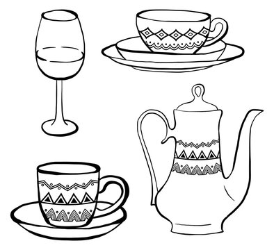 Set of hand drawn decorated tableware, vector illustrations in black and white - plates, mugs, wine glass and teapot