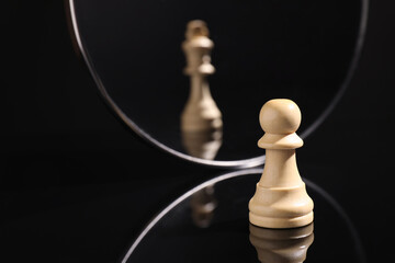 Pawn feeling itself like queen, chess piece in front of mirror. Self-appraisal, alter ego, true...