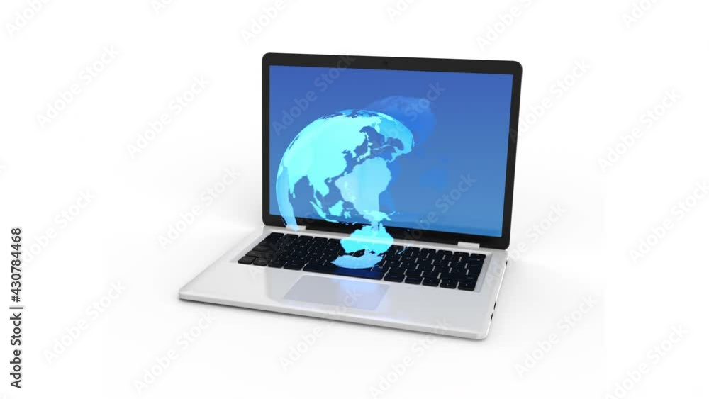 Poster appearing and disappearing laptop with neon halogram rotating planet earth. 3d animation with a mask