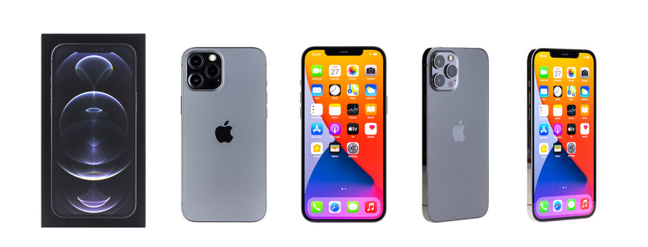 Bangkok, Thailand - Apr 27, 2021: Studio shot of new Apple iPhone 12 Pro Max graphite color, display front home screen, back view with Apple logo. Isolate on white background. Illustrative editorial
