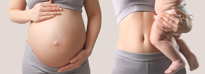 Closeup view of mother with baby and pregnant woman touching her belly on beige background,...