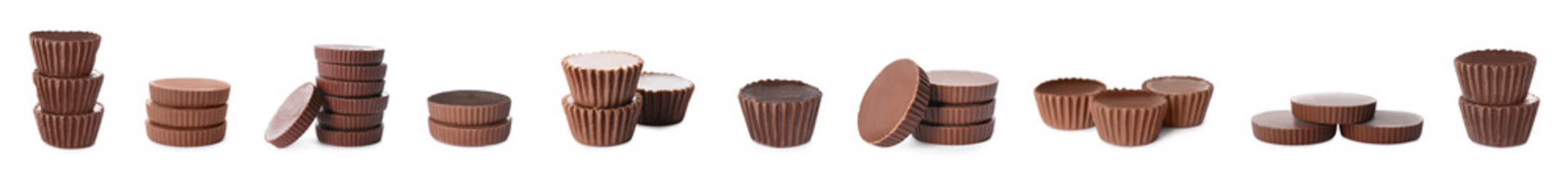 Set with delicious peanut butter cups on white background. Banner design