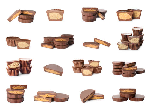 Set with delicious peanut butter cups on white background