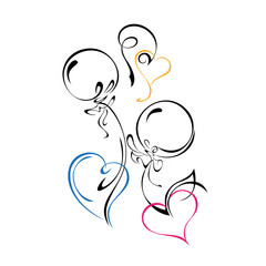 hearts 69. three stylized hearts with balloons and curls in colored lines on a white background