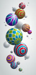 Realistic glossy spheres vector illustration smartphone background, abstract wallpaper for phone with beautiful balls with patterns and depth of field, 3D globes design concept art.